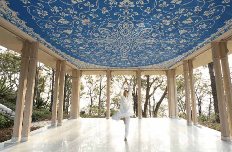 Person doing a yoga tree pose in the middle of an open room